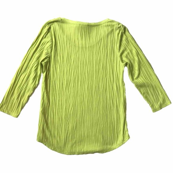 Chicos Crinkle Round Neck 3/4 Sleeve Top SZ 0 S Yellow Lime Statement Dopamine - Picture 3 of 11